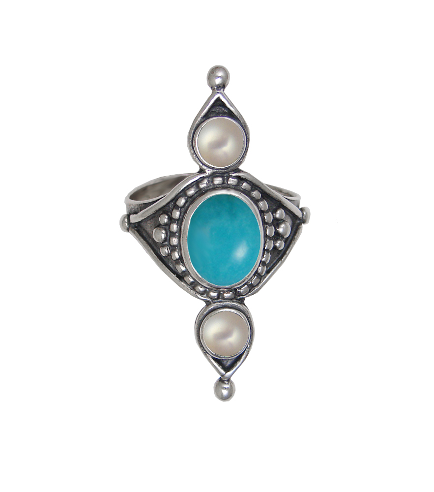 Sterling Silver Royal Ring With Turquoise And Cultured Freshwater Pearl Size 10